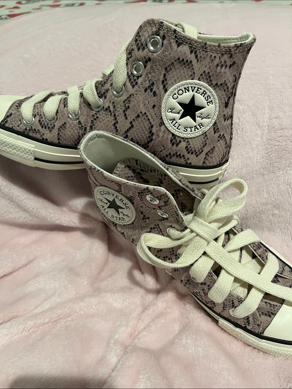 Converse High Top Sneakers - Pink Snake Pattern with Cream Laces size 7